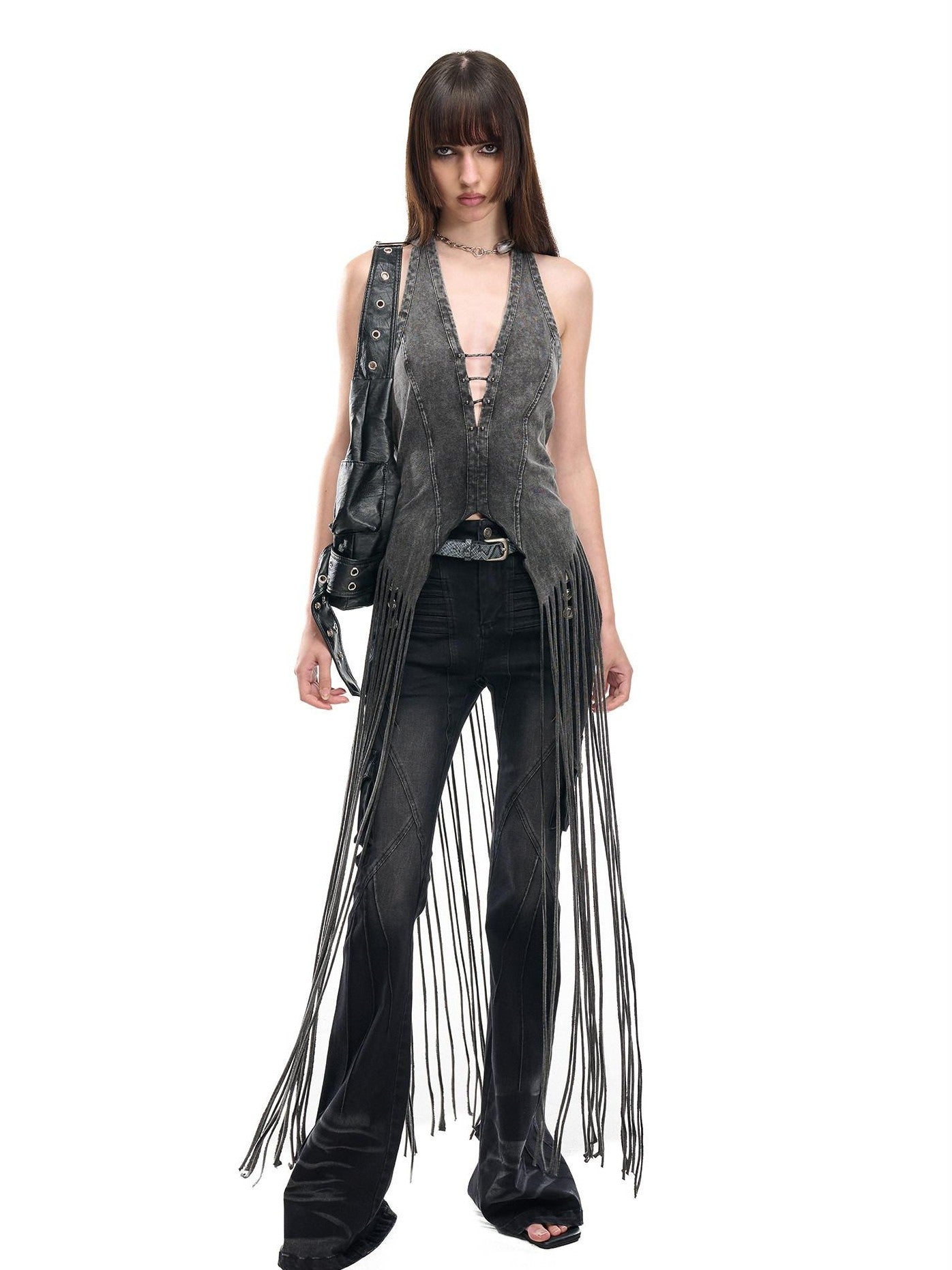 NORTH NODE Washed Vintage Faded V-neck Long Tassel Women&