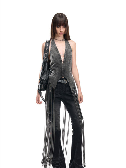 NORTH NODE Washed Vintage Faded V-neck Long Tassel Women&