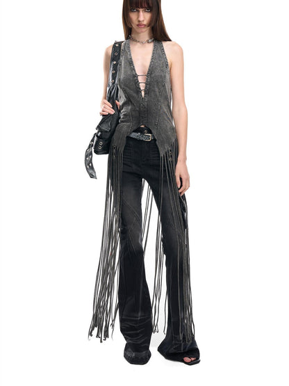 NORTH NODE Washed Vintage Faded V-neck Long Tassel Women&