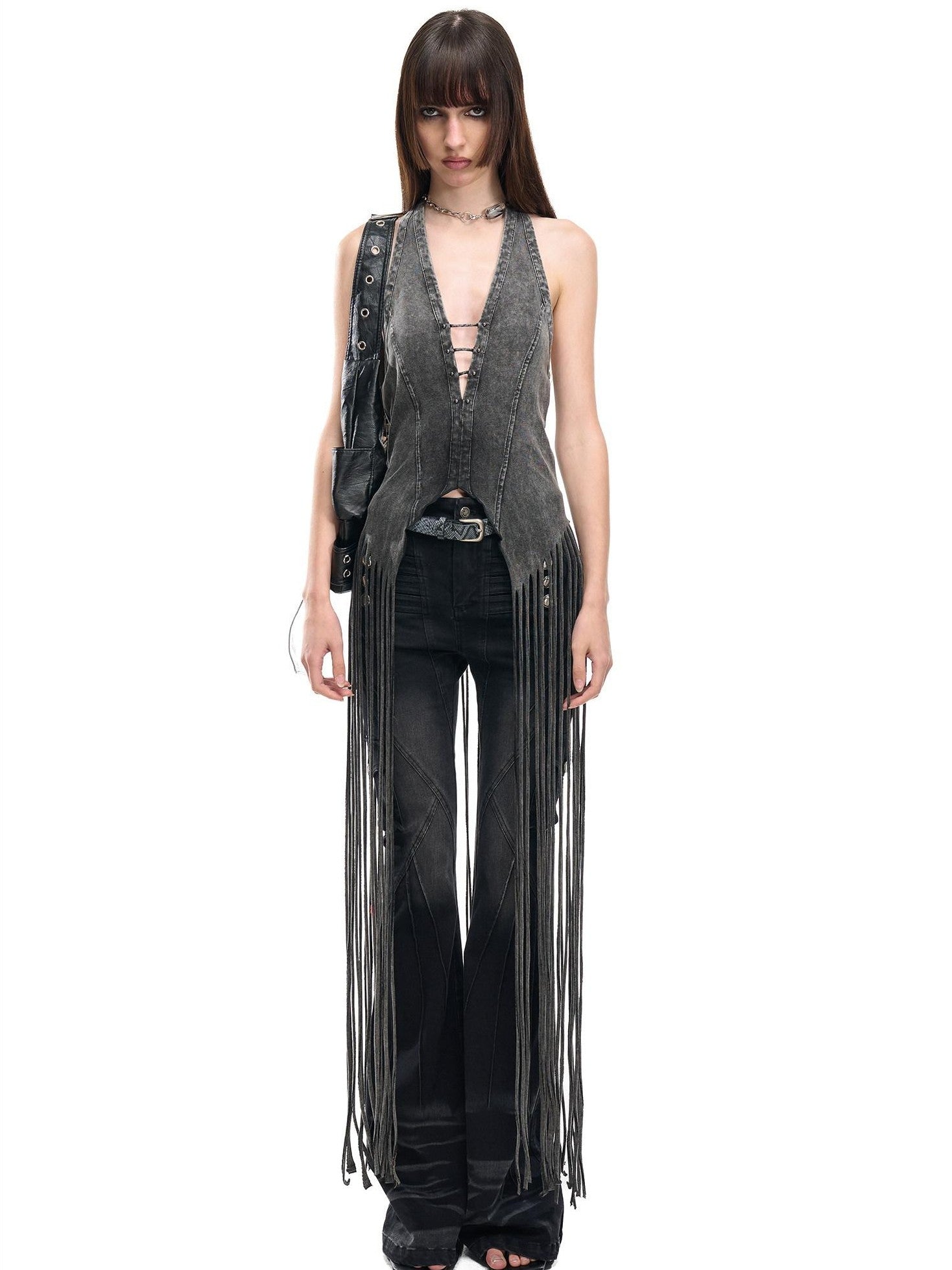 NORTH NODE Washed Vintage Faded V-neck Long Tassel Women&