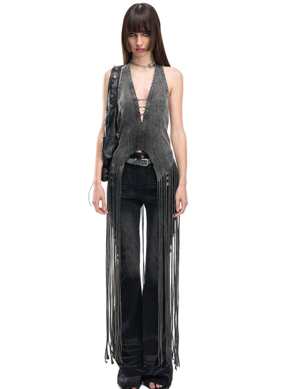 NORTH NODE Washed Vintage Faded V-neck Long Tassel Women&