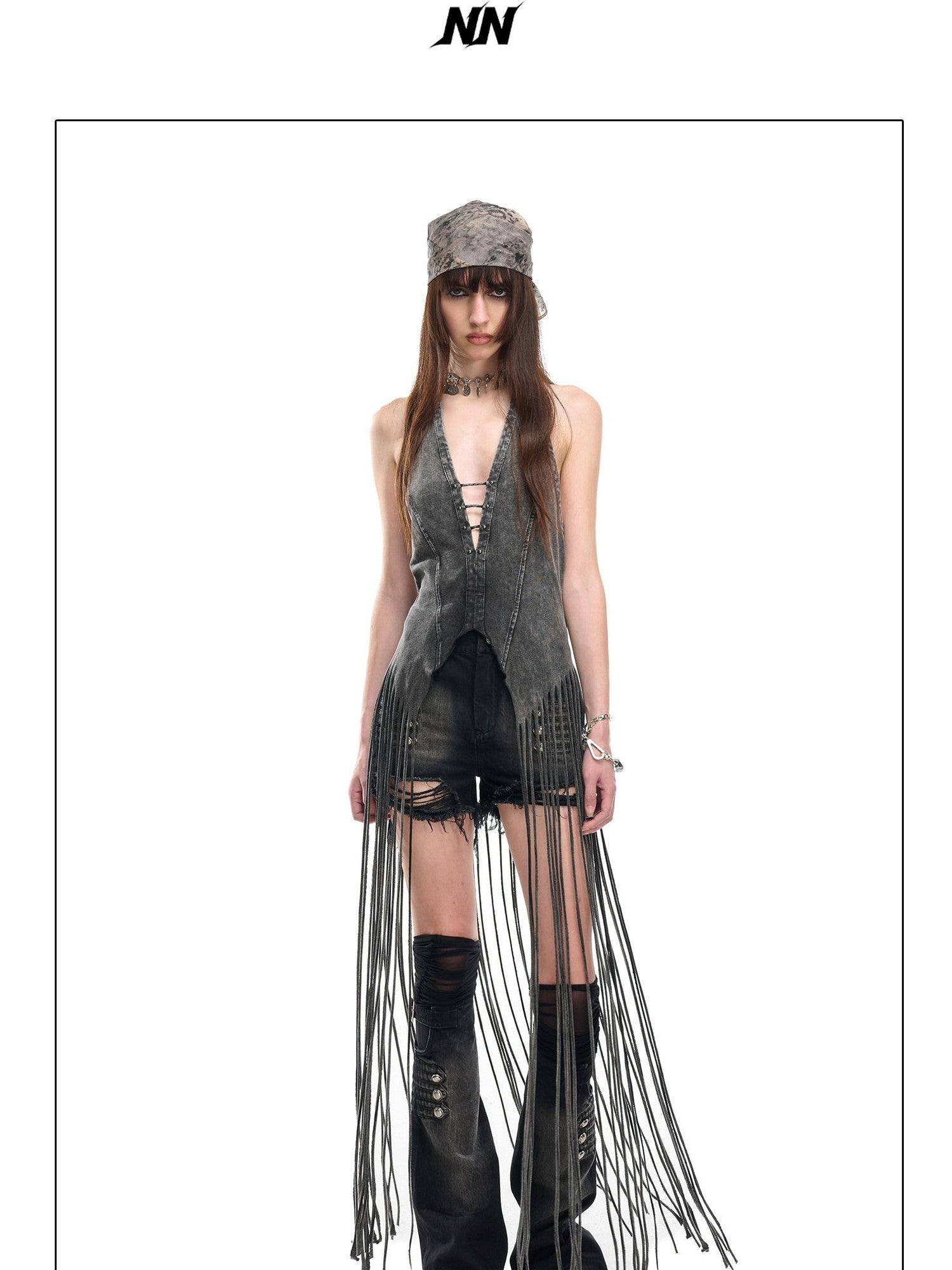 NORTH NODE Washed Vintage Faded V-neck Long Tassel Women&