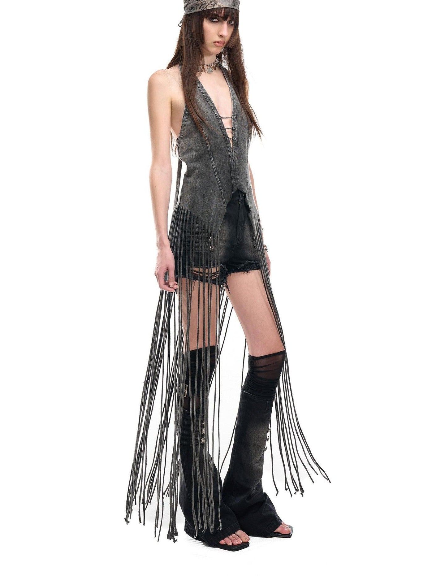 NORTH NODE Washed Vintage Faded V-neck Long Tassel Women&