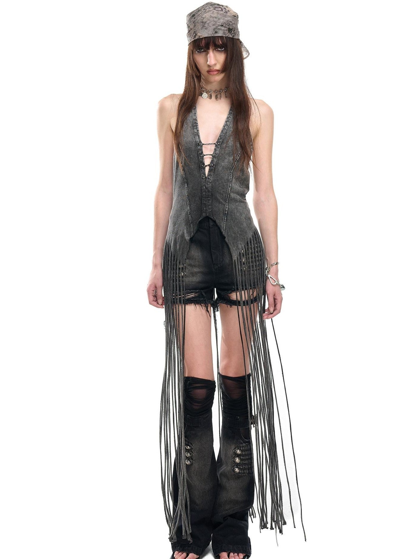 NORTH NODE Washed Vintage Faded V-neck Long Tassel Women&