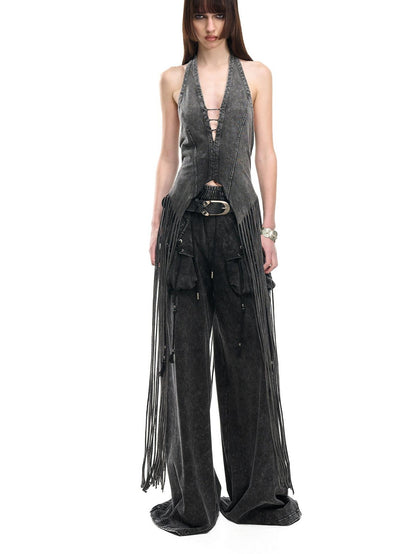 NORTH NODE Washed Vintage Faded V-neck Long Tassel Women&