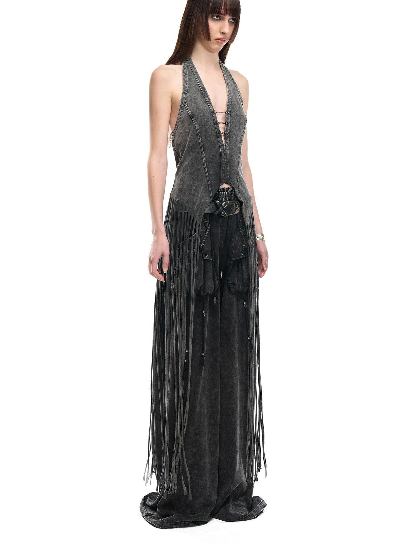 NORTH NODE Washed Vintage Faded V-neck Long Tassel Women&
