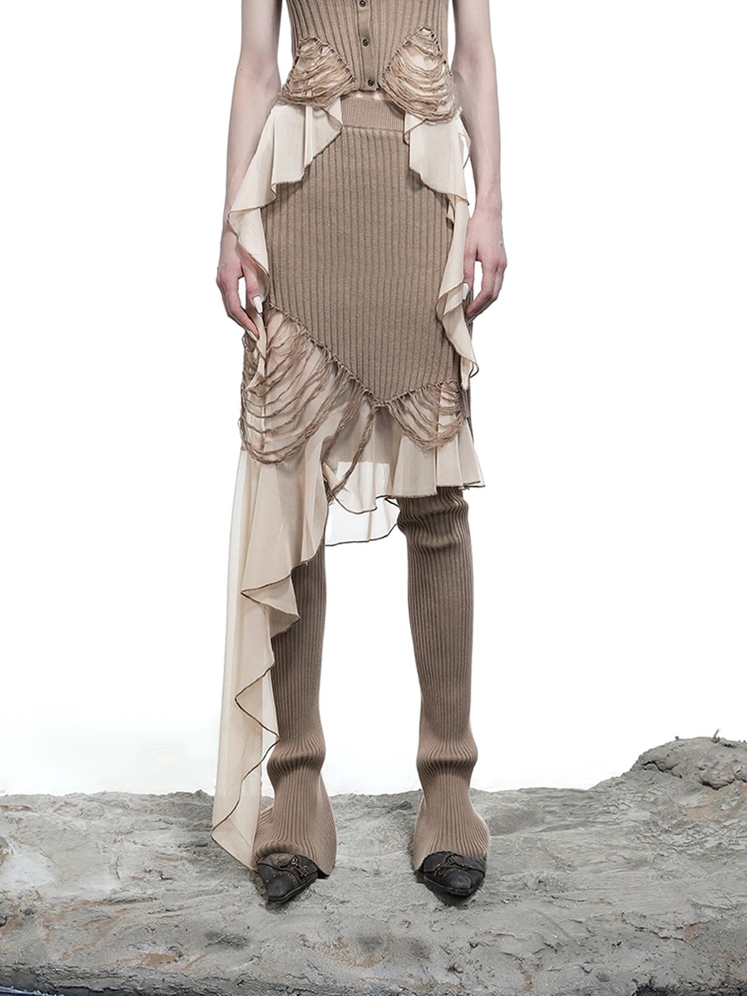 NORTH NODE Wasteland Ruffle Patchwork Knit Asymmetric Women&