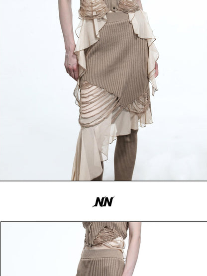 NORTH NODE Wasteland Ruffle Patchwork Knit Asymmetric Women&