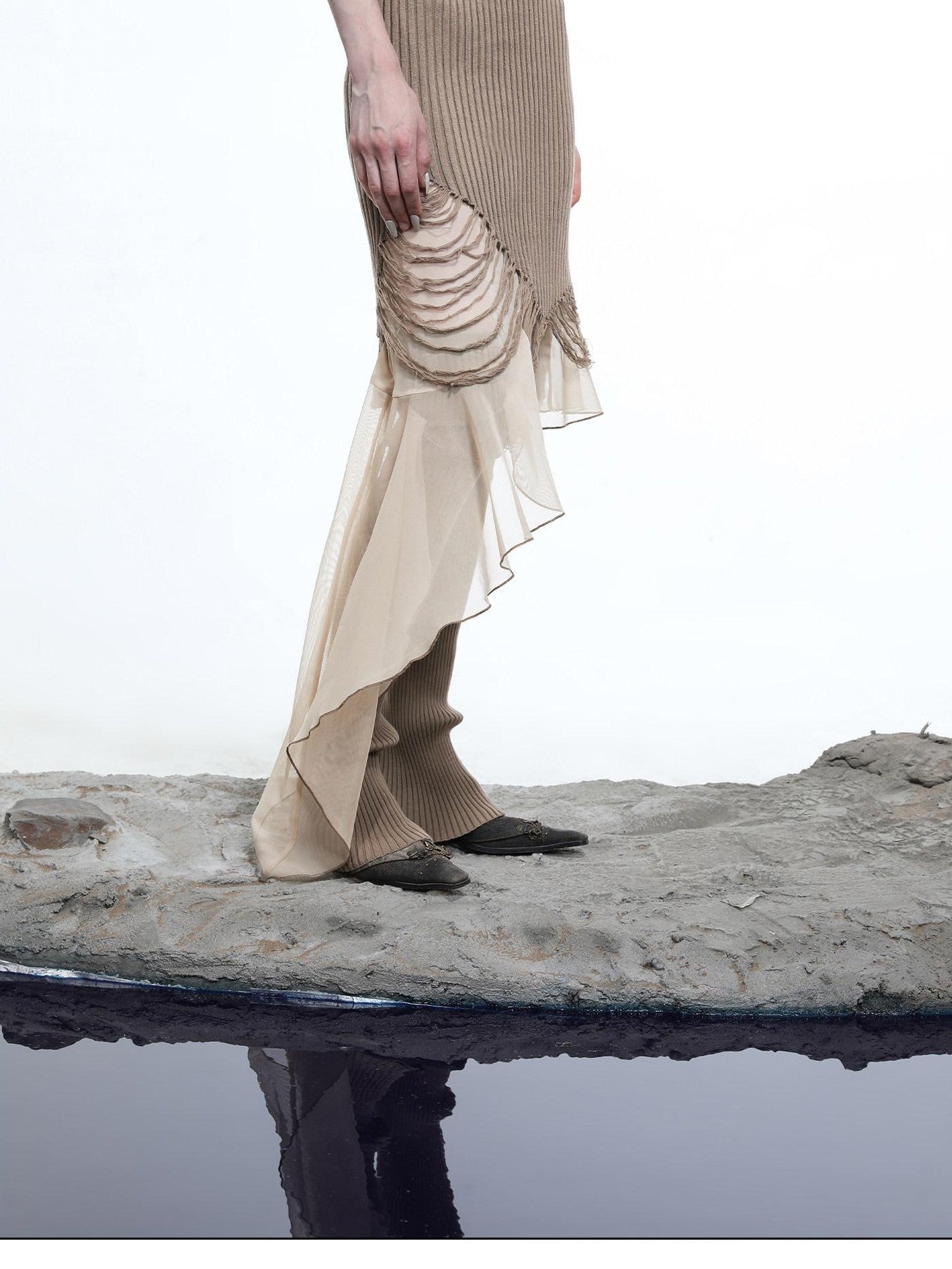 NORTH NODE Wasteland Ruffle Patchwork Knit Asymmetric Women&
