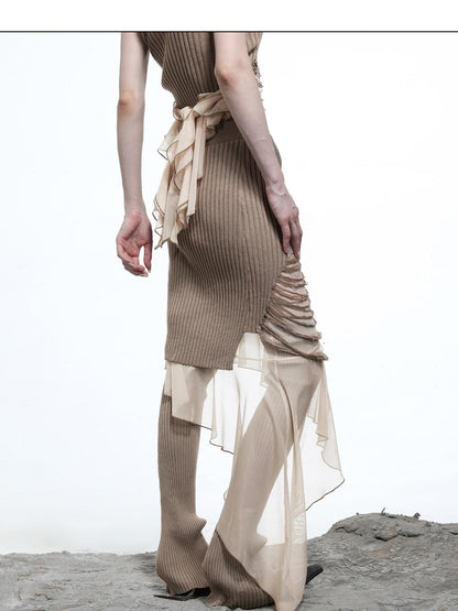 NORTH NODE Wasteland Ruffle Patchwork Knit Asymmetric Women&