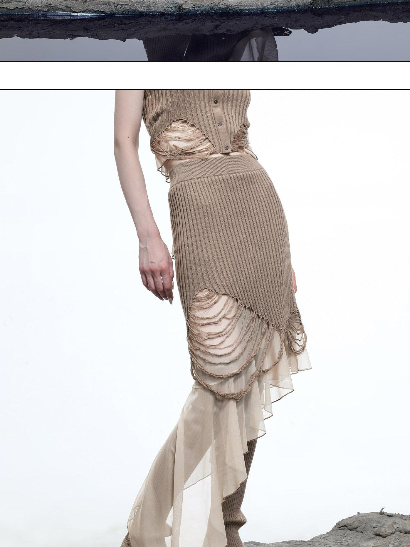 NORTH NODE Wasteland Ruffle Patchwork Knit Asymmetric Women&