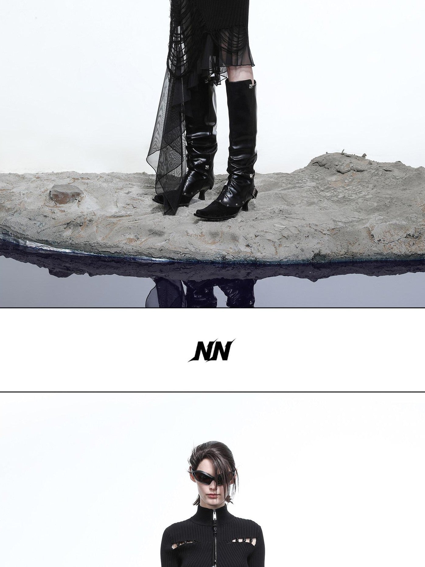 NORTH NODE Wasteland Ruffle Patchwork Knit Asymmetric Women&