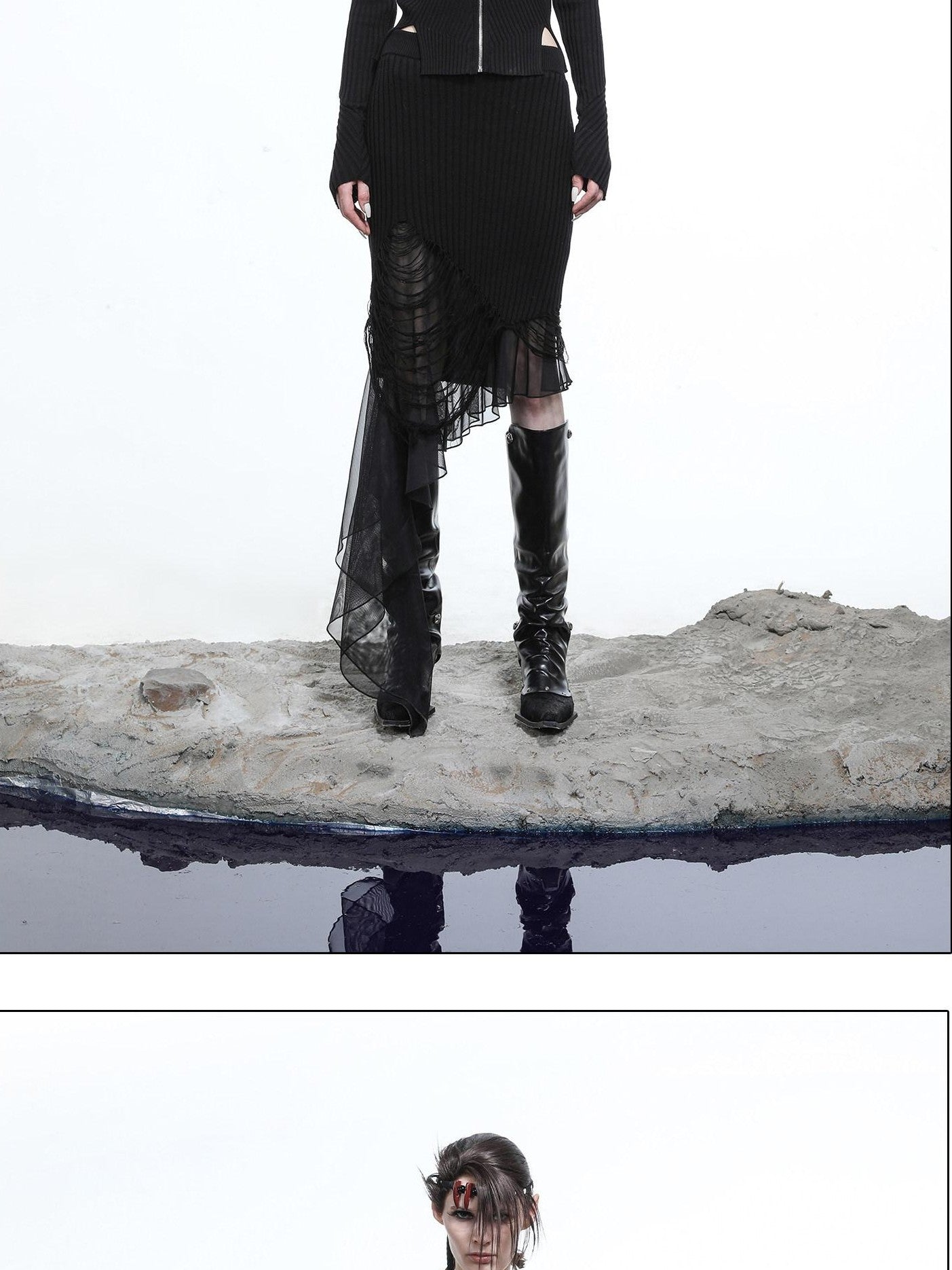 NORTH NODE Wasteland Ruffle Patchwork Knit Asymmetric Women&