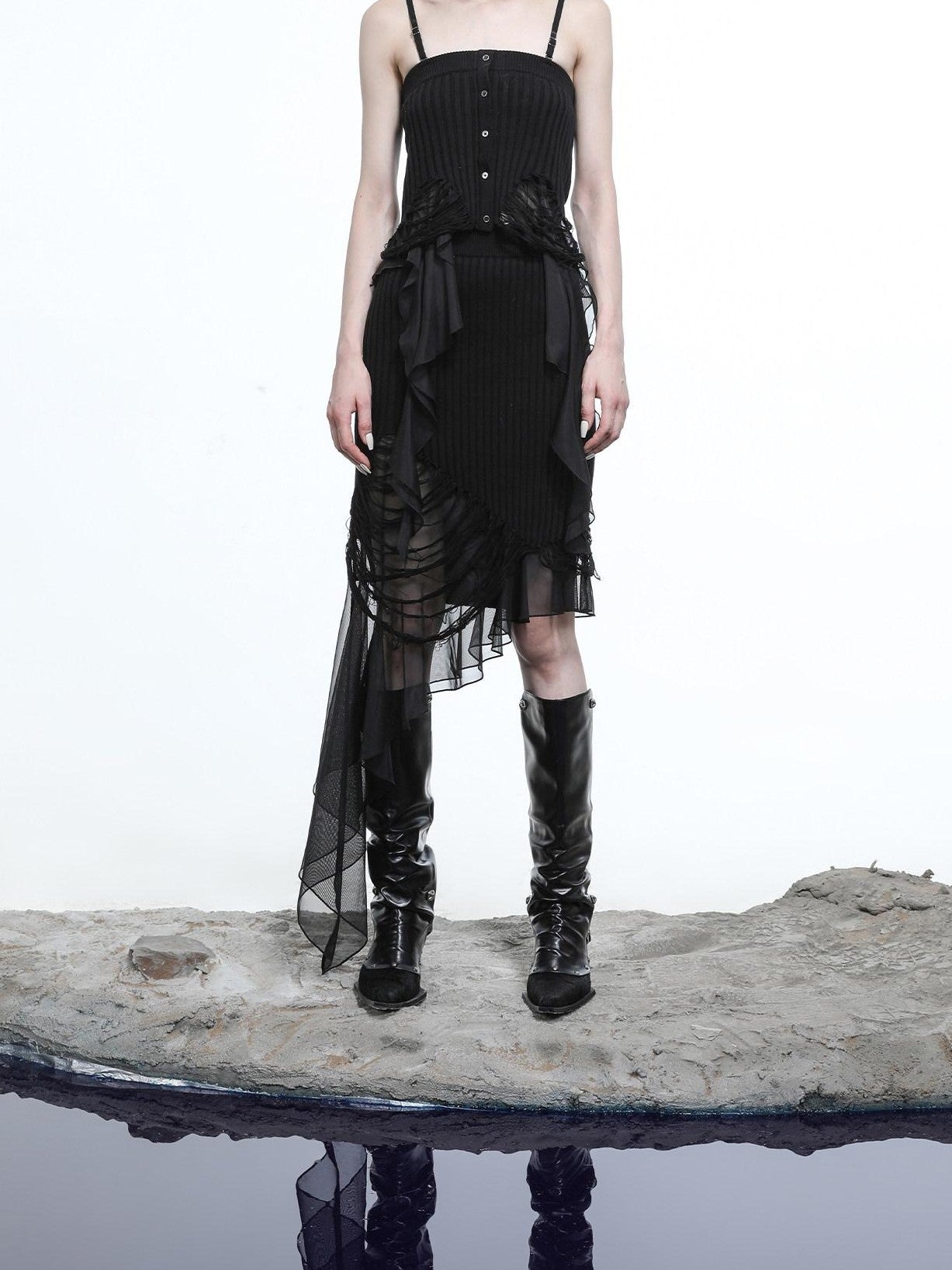 NORTH NODE Wasteland Ruffle Patchwork Knit Asymmetric Women&