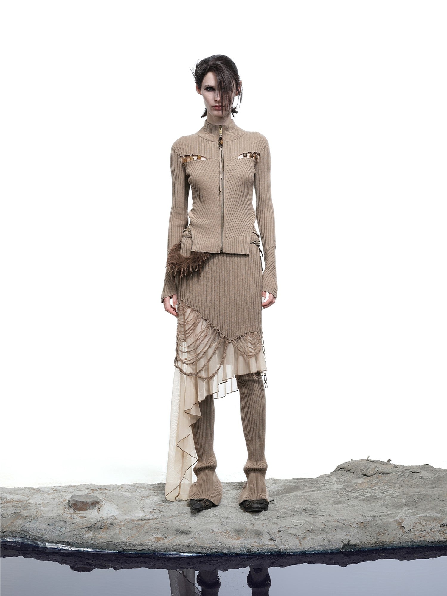 NORTH NODE Wasteland Ruffle Patchwork Knit Asymmetric Women&