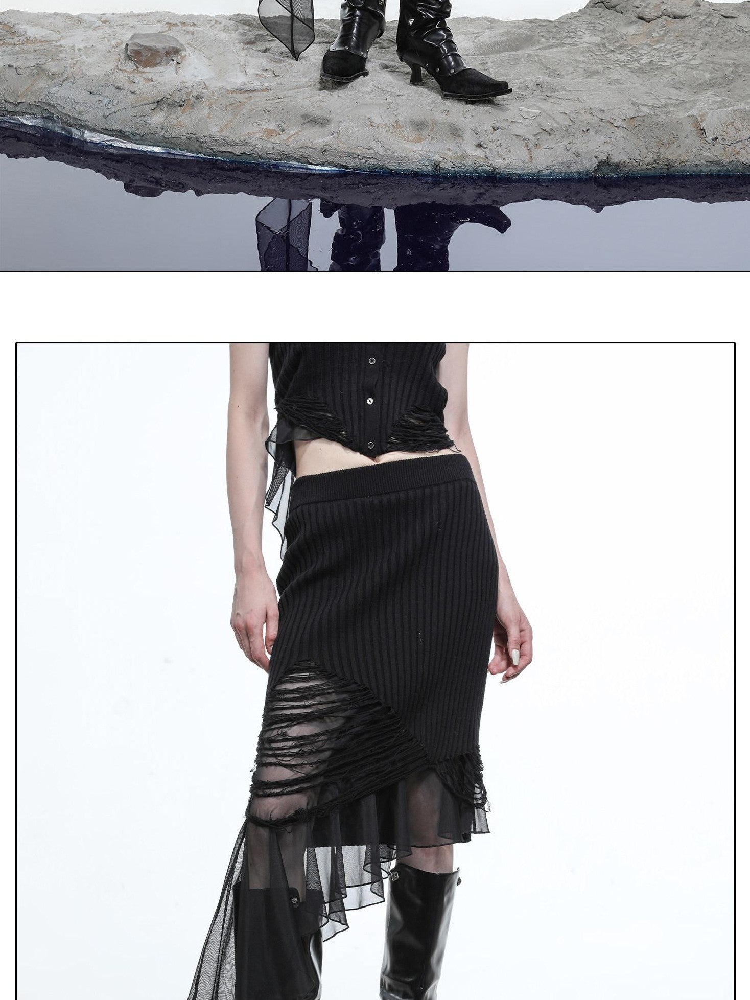 NORTH NODE Wasteland Ruffle Patchwork Knit Asymmetric Women&