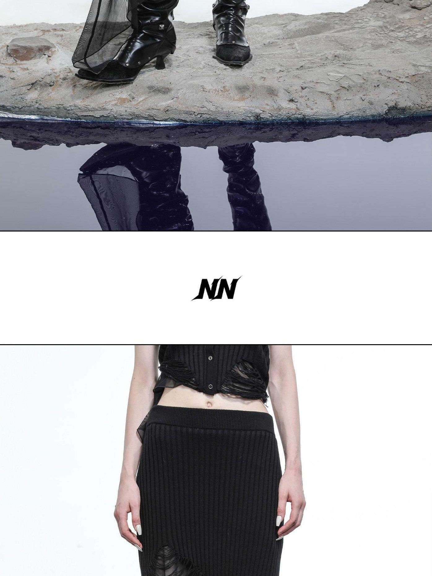 NORTH NODE Wasteland Ruffle Patchwork Knit Asymmetric Women&