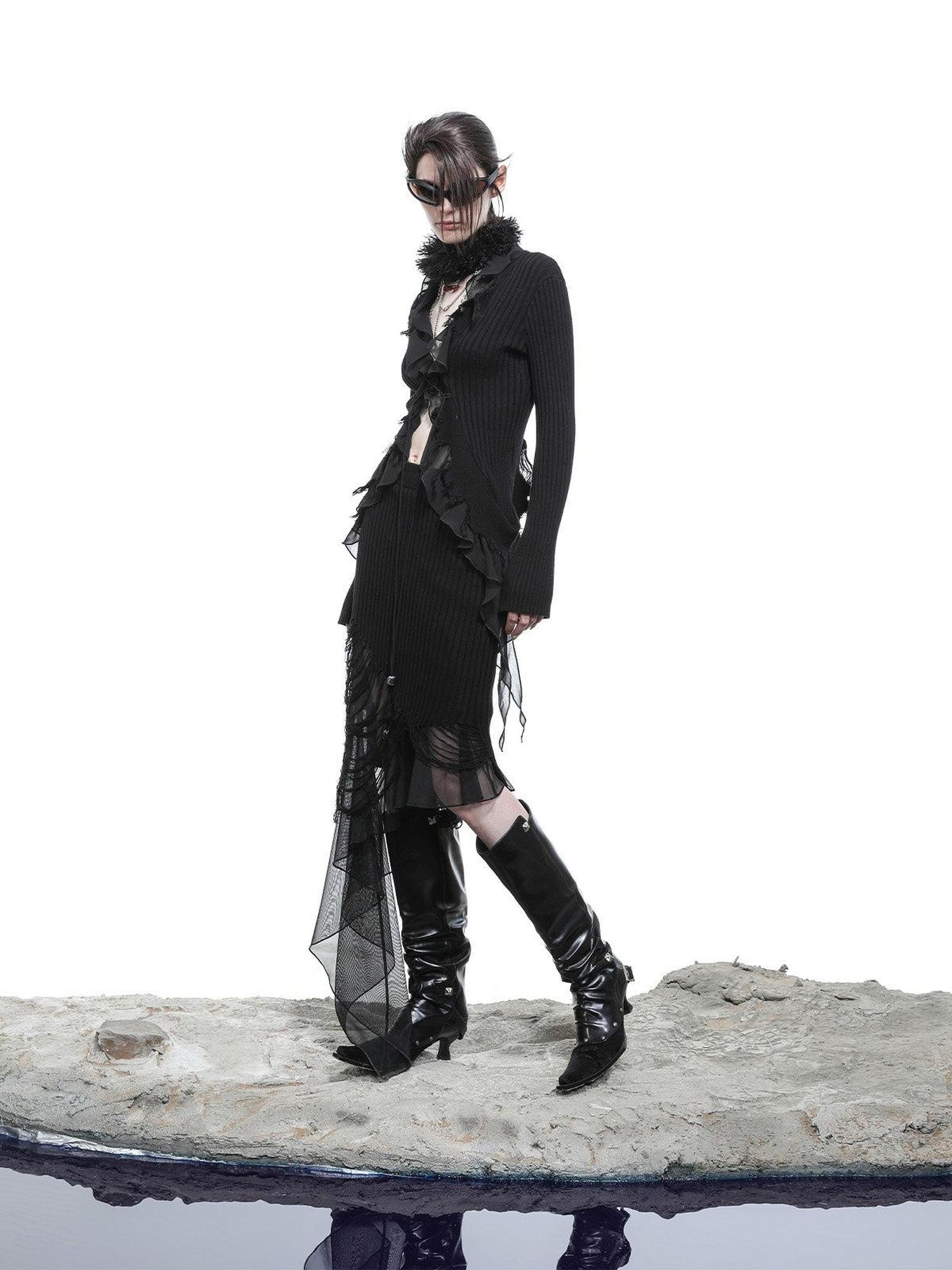 NORTH NODE Wasteland Ruffle Patchwork Knit Asymmetric Women&