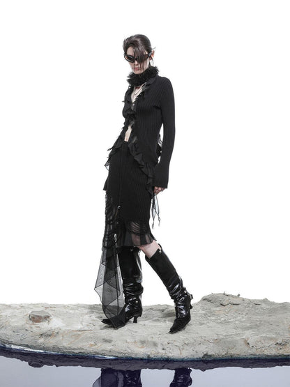 NORTH NODE Wasteland Ruffle Patchwork Knit Asymmetric Women&