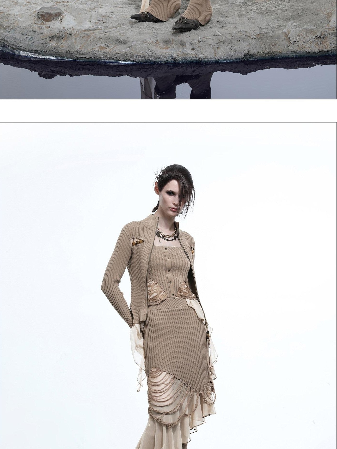 NORTH NODE Wasteland Ruffle Patchwork Knit Asymmetric Women&