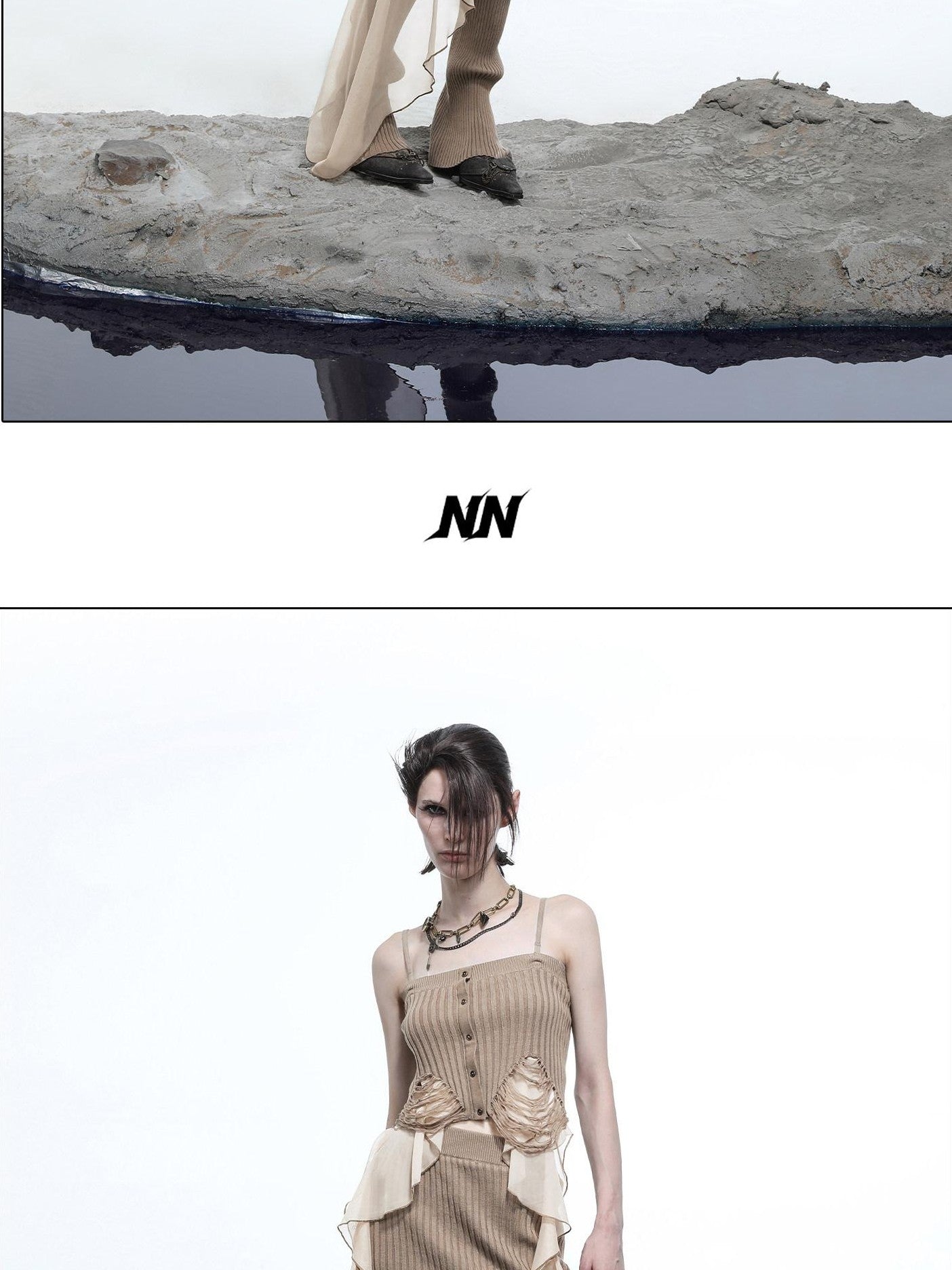 NORTH NODE Wasteland Ruffle Patchwork Knit Asymmetric Women&