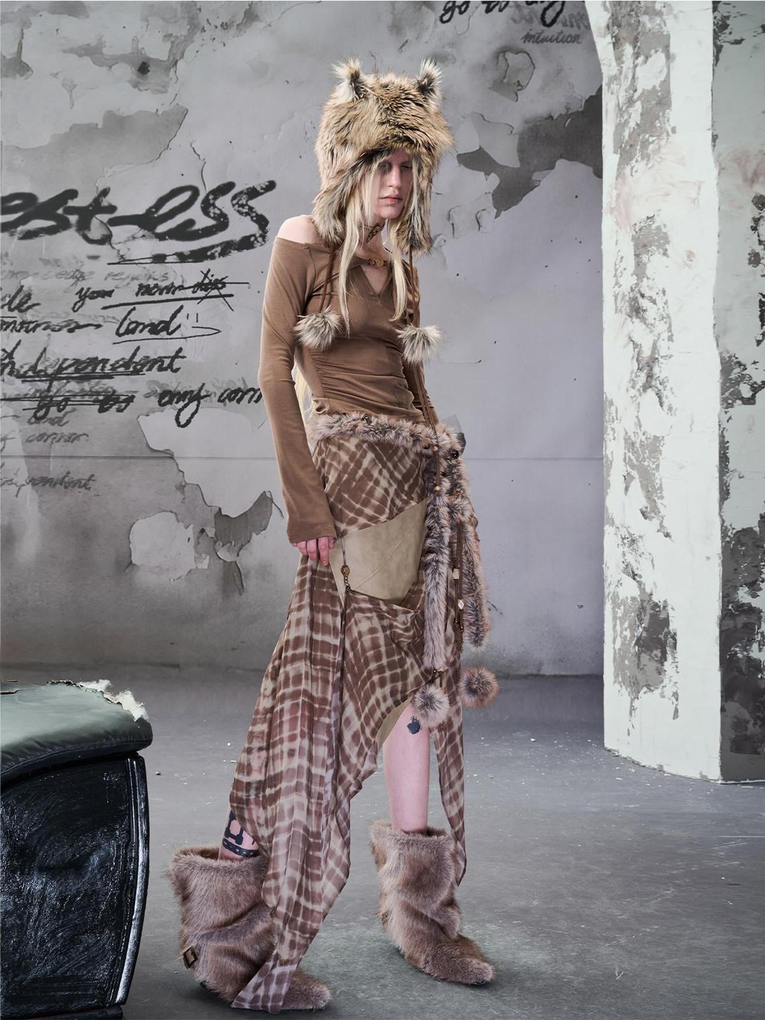 NORTH NODE Wasteland Ruffled Asymmetric Chiffon Spliced Women&