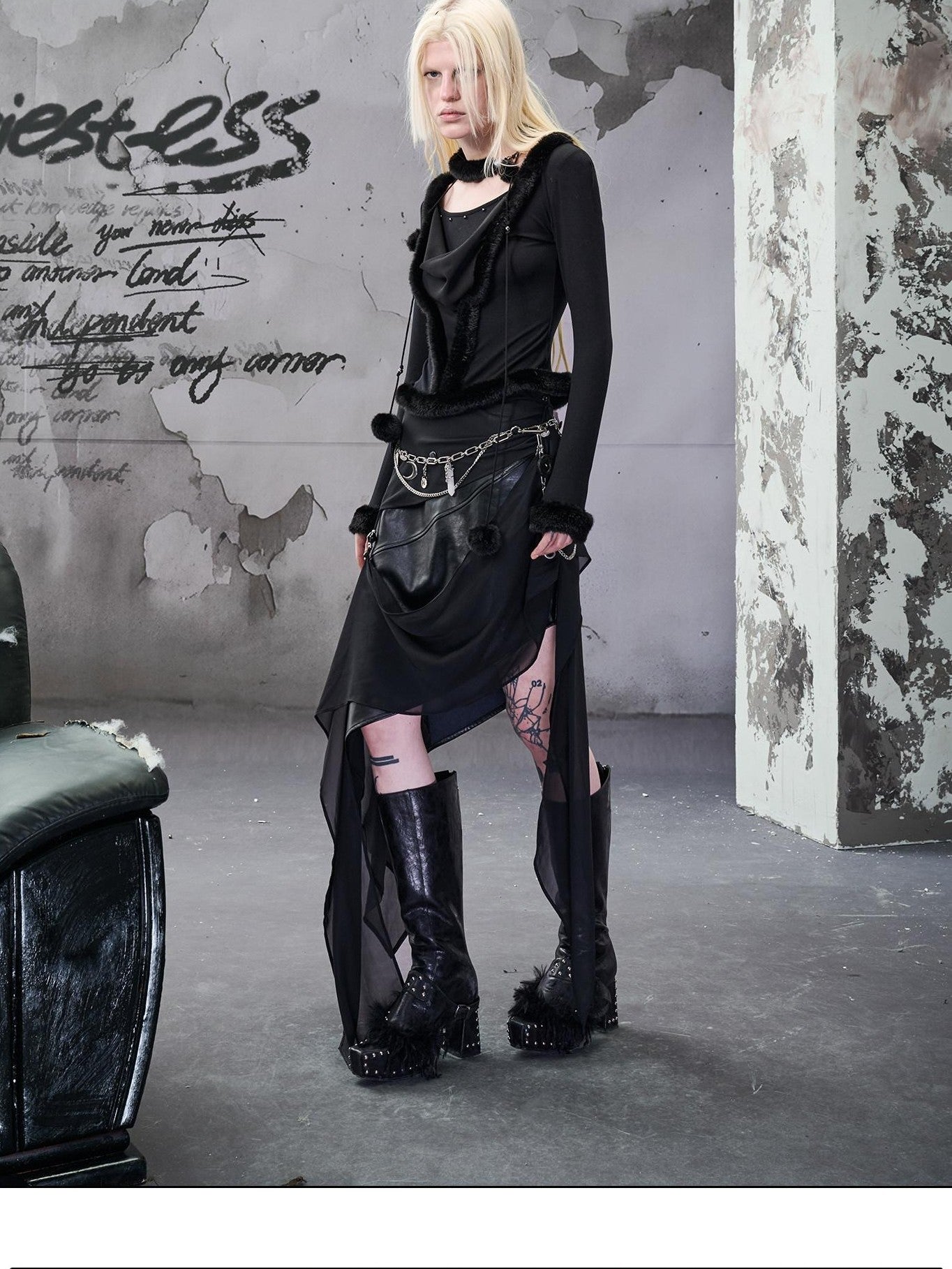 NORTH NODE Wasteland Ruffled Asymmetric Chiffon Spliced Women&