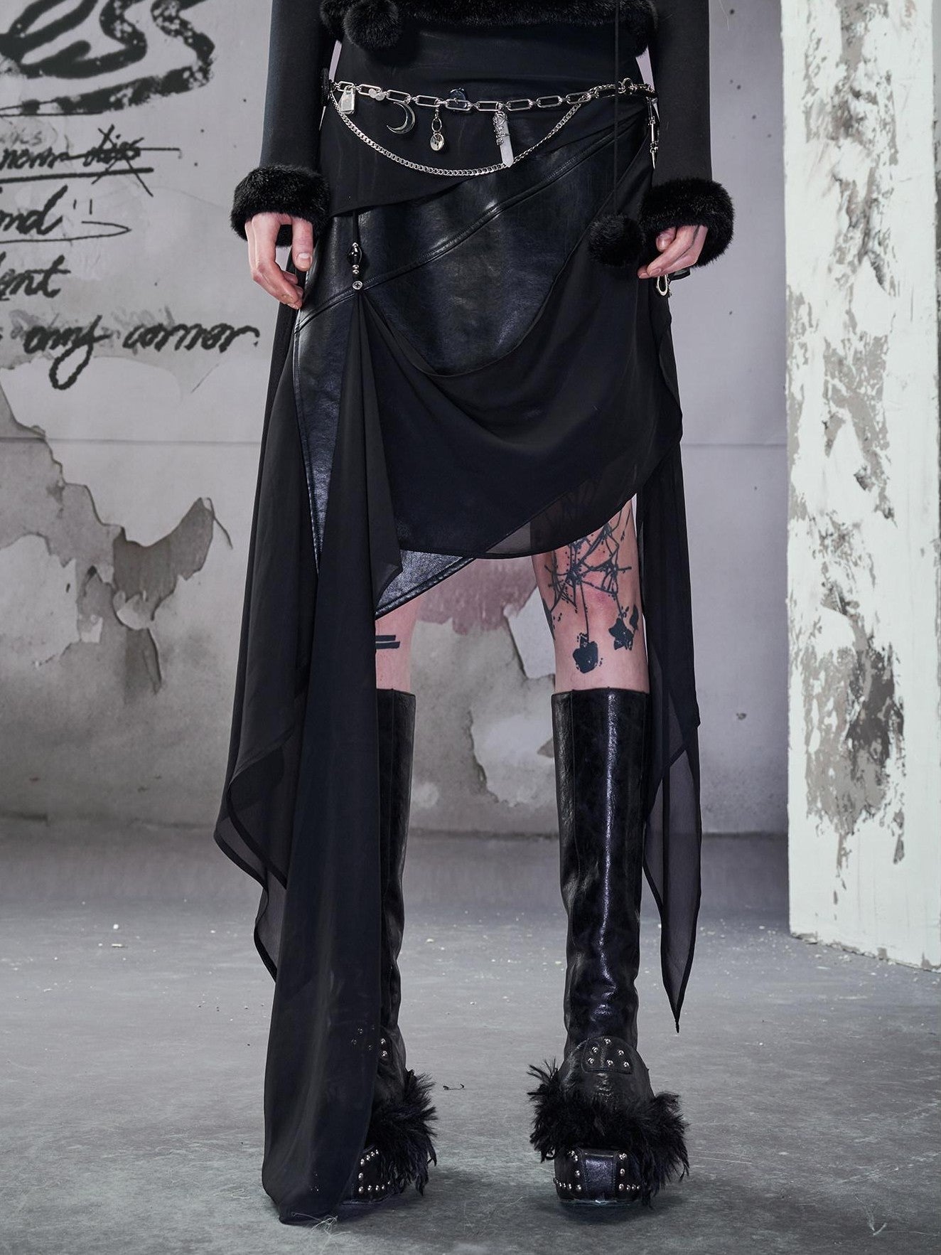 NORTH NODE Wasteland Ruffled Asymmetric Chiffon Spliced Women&
