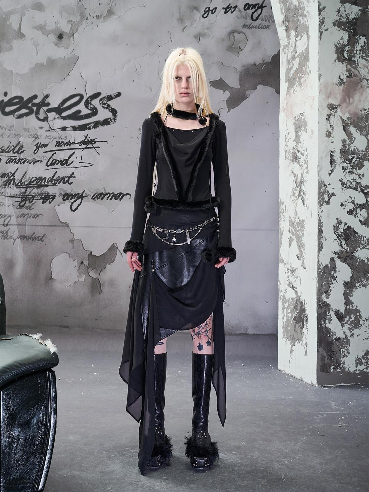 NORTH NODE Wasteland Ruffled Asymmetric Chiffon Spliced Women&