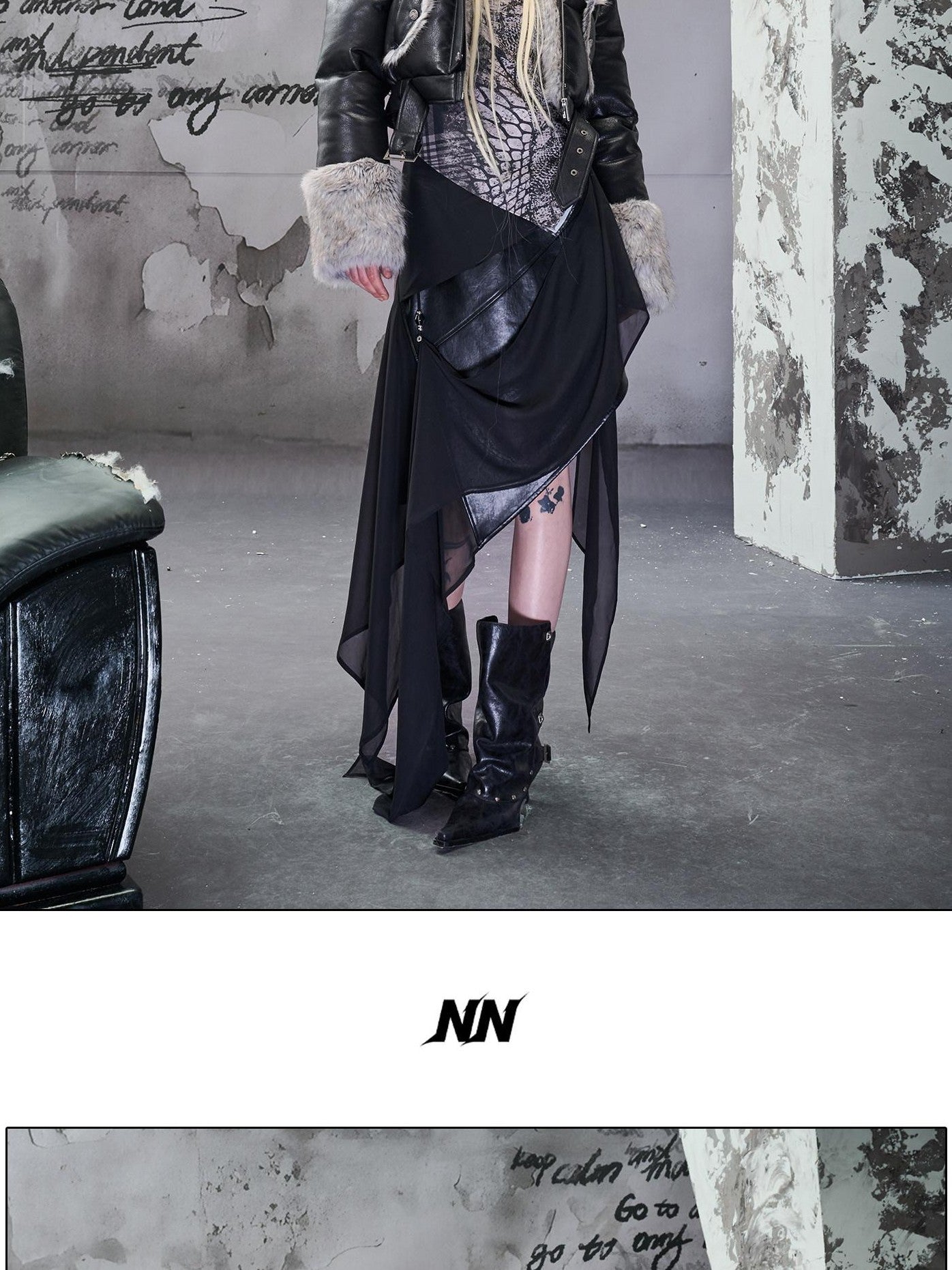 NORTH NODE Wasteland Ruffled Asymmetric Chiffon Spliced Women&