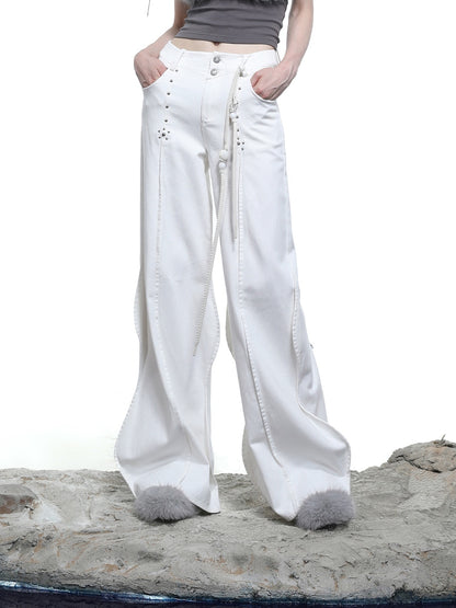 NORTH NODE Wavy Rivet Embellished Wave Hem Relaxed Fit Women&