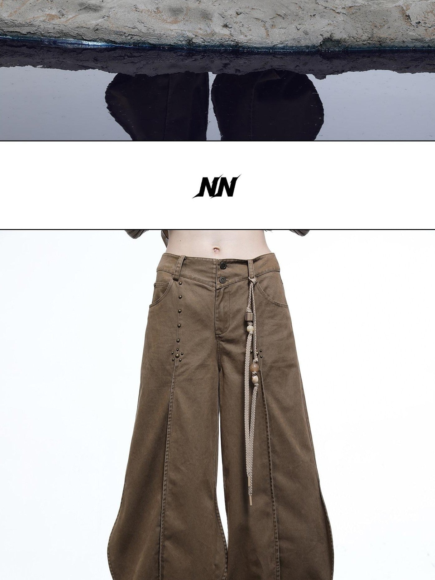 NORTH NODE Wavy Rivet Embellished Wave Hem Relaxed Fit Women&
