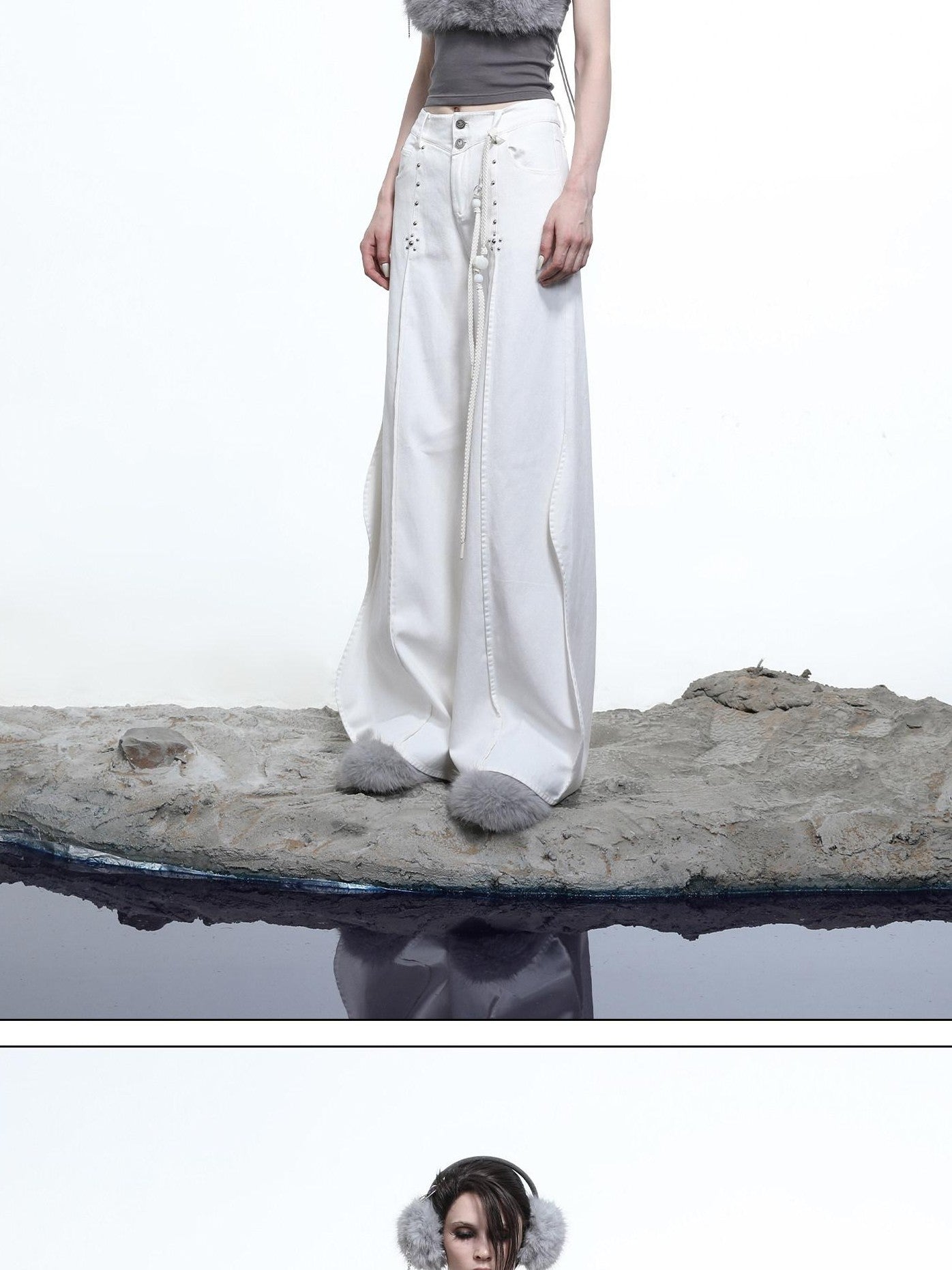 NORTH NODE Wavy Rivet Embellished Wave Hem Relaxed Fit Women&