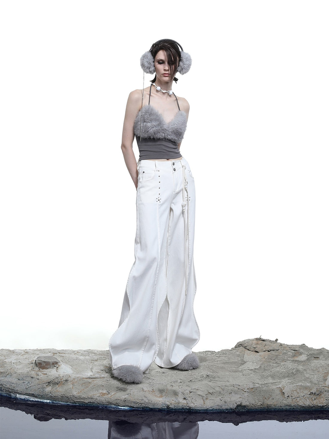 NORTH NODE Wavy Rivet Embellished Wave Hem Relaxed Fit Women&