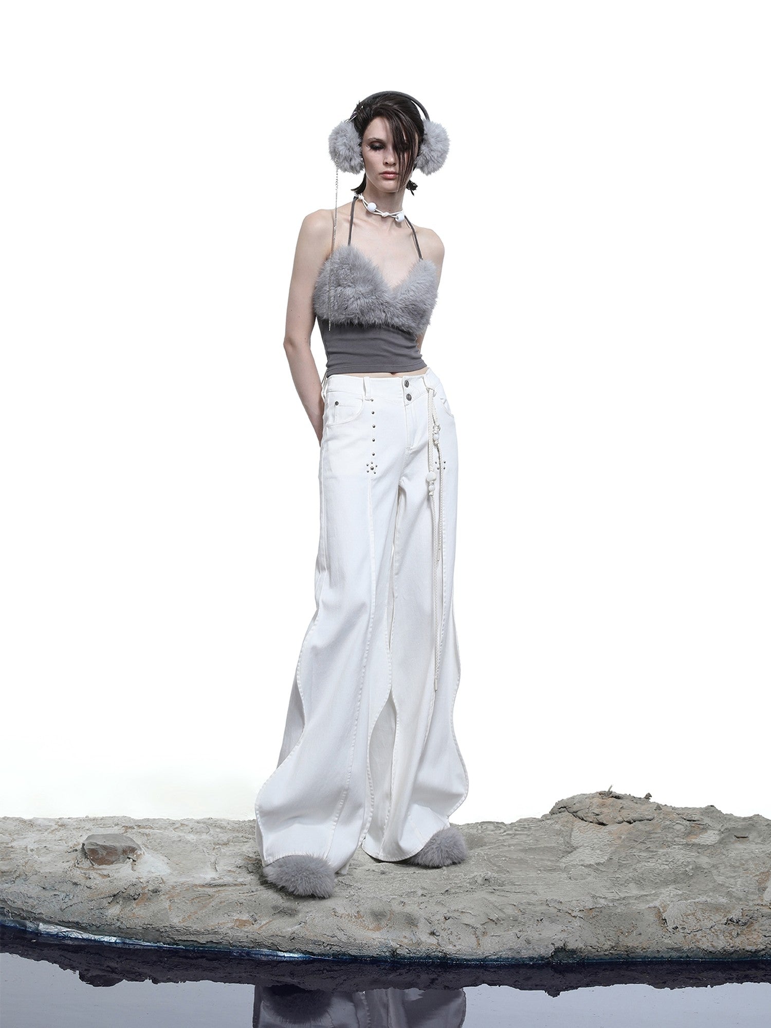 NORTH NODE Wavy Rivet Embellished Wave Hem Relaxed Fit Women&