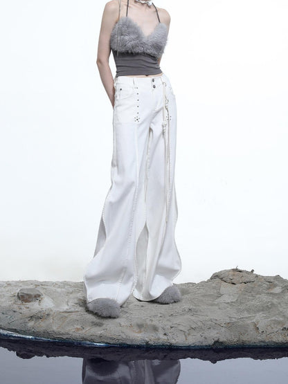NORTH NODE Wavy Rivet Embellished Wave Hem Relaxed Fit Women&