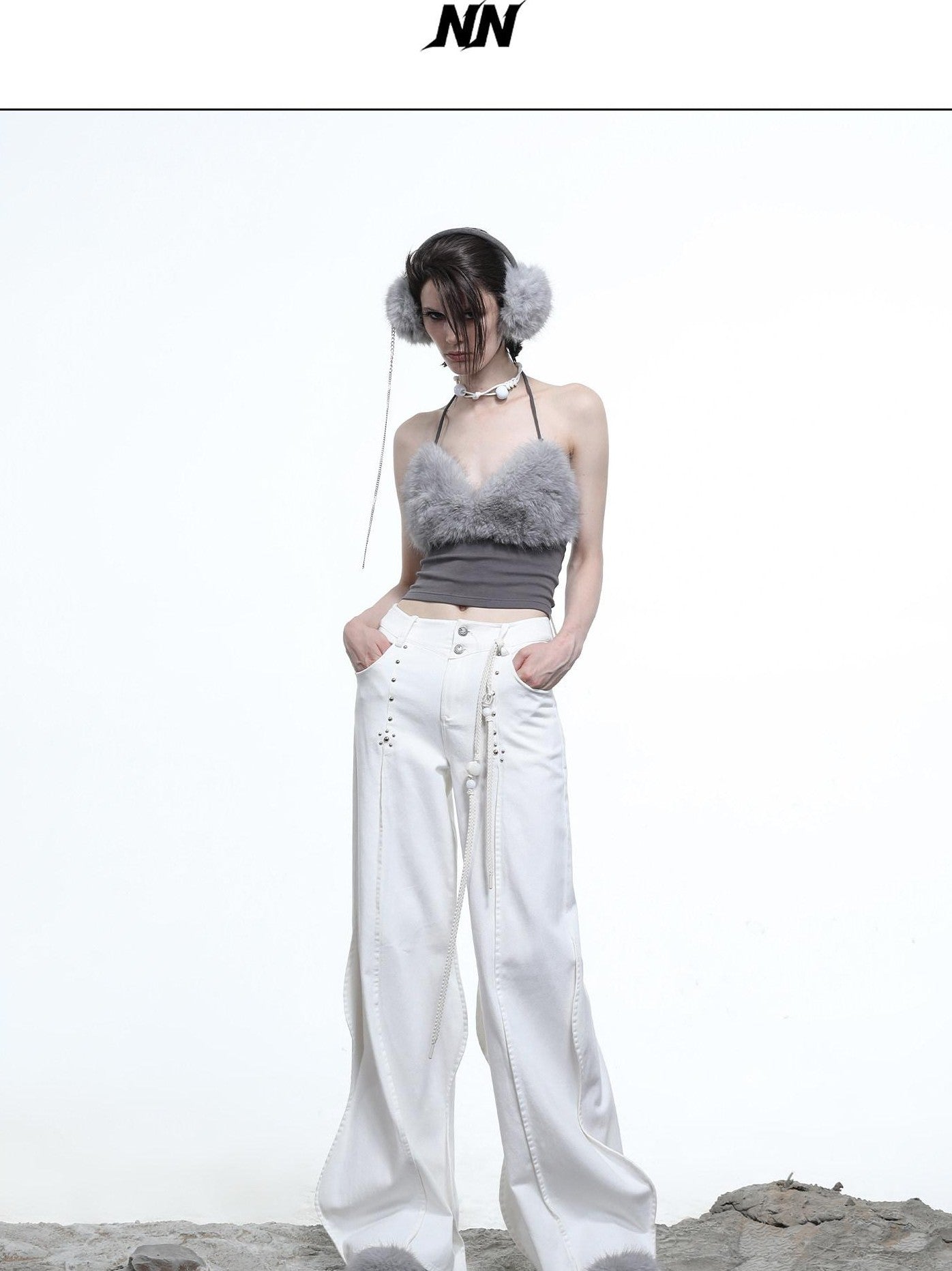 NORTH NODE Wavy Rivet Embellished Wave Hem Relaxed Fit Women&