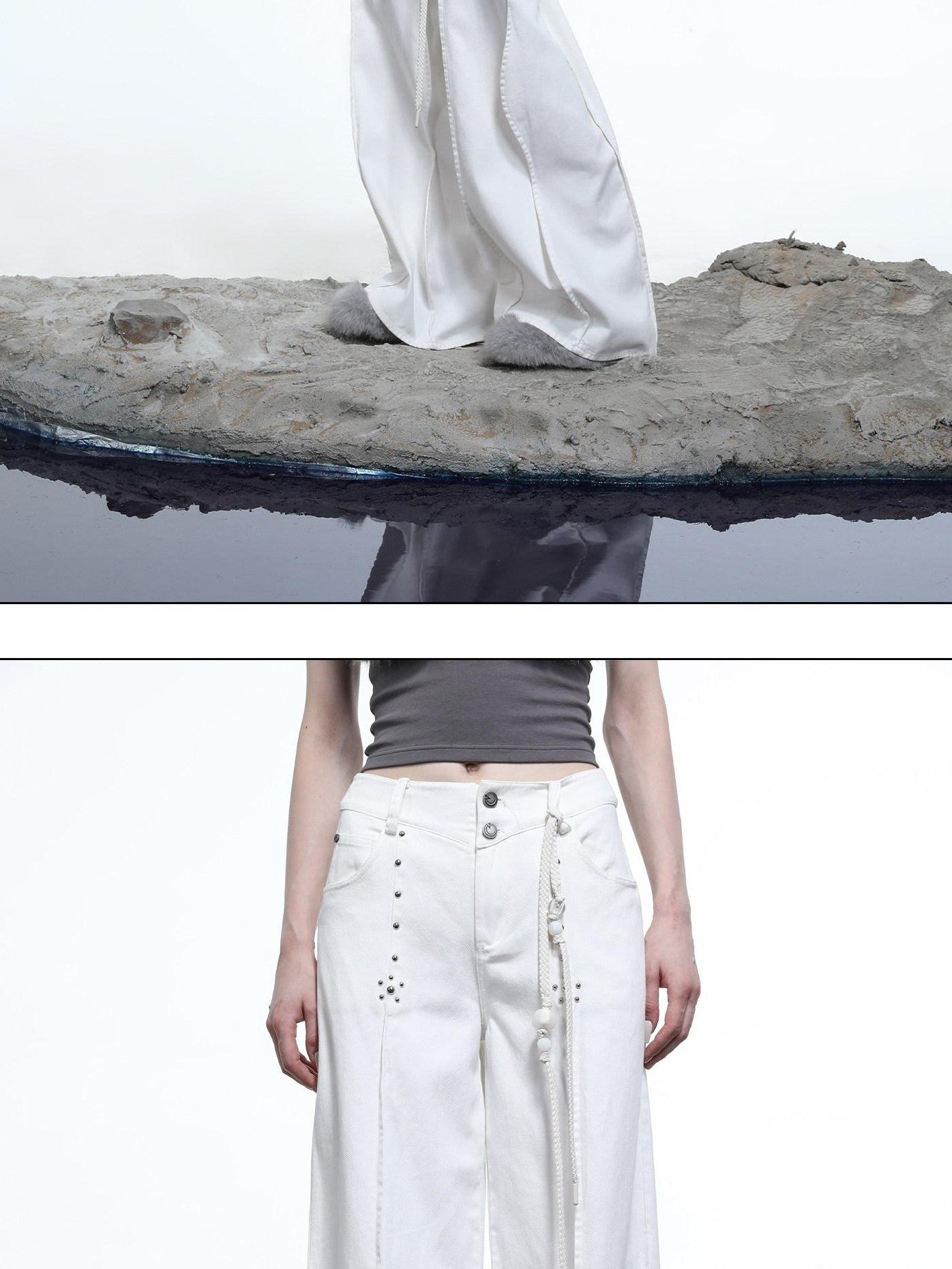 NORTH NODE Wavy Rivet Embellished Wave Hem Relaxed Fit Women&