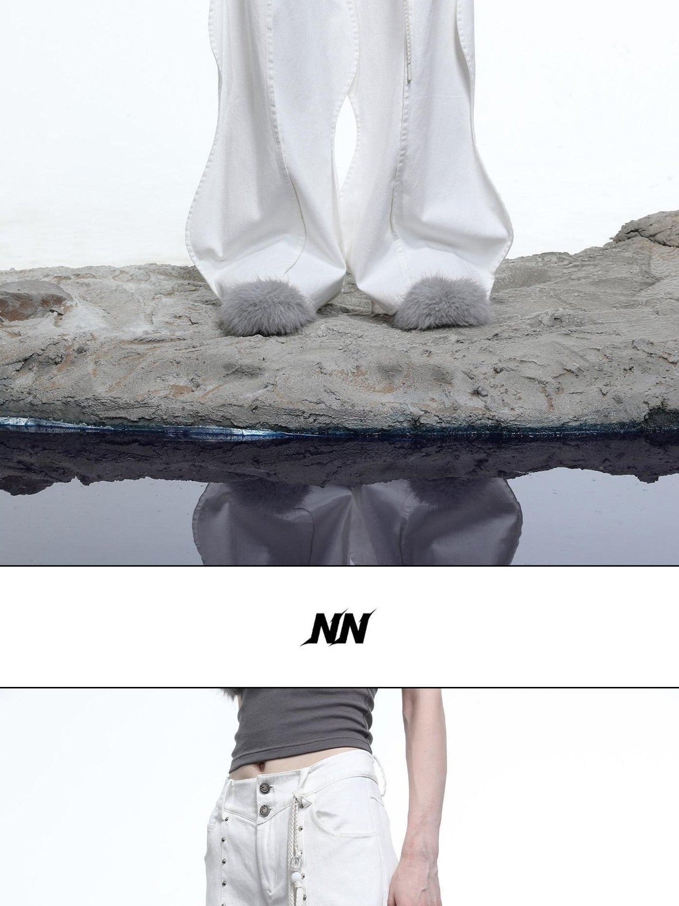 NORTH NODE Wavy Rivet Embellished Wave Hem Relaxed Fit Women&