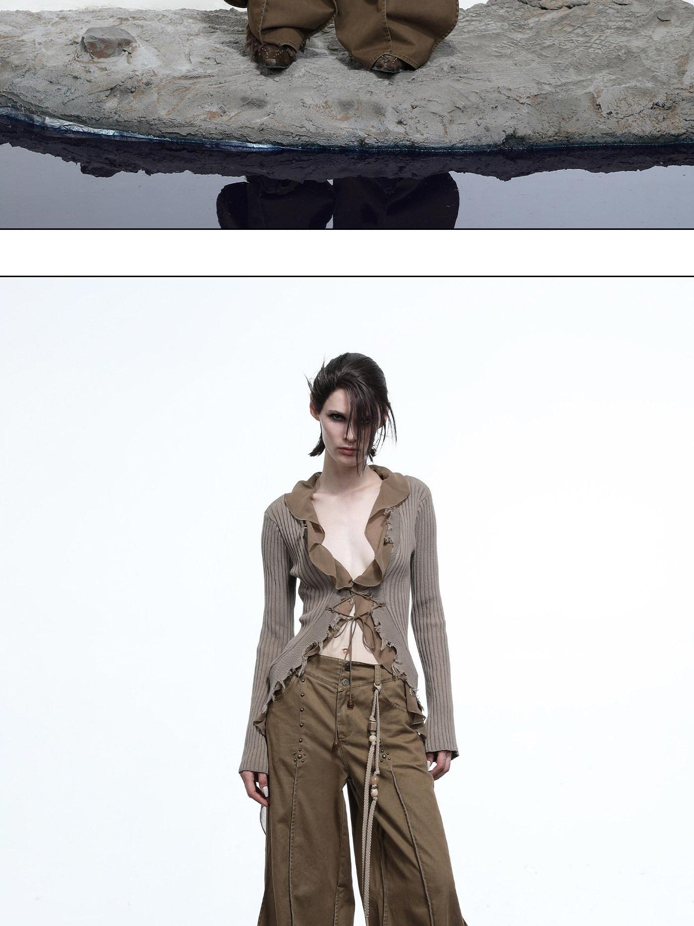 NORTH NODE Wavy Rivet Embellished Wave Hem Relaxed Fit Women&