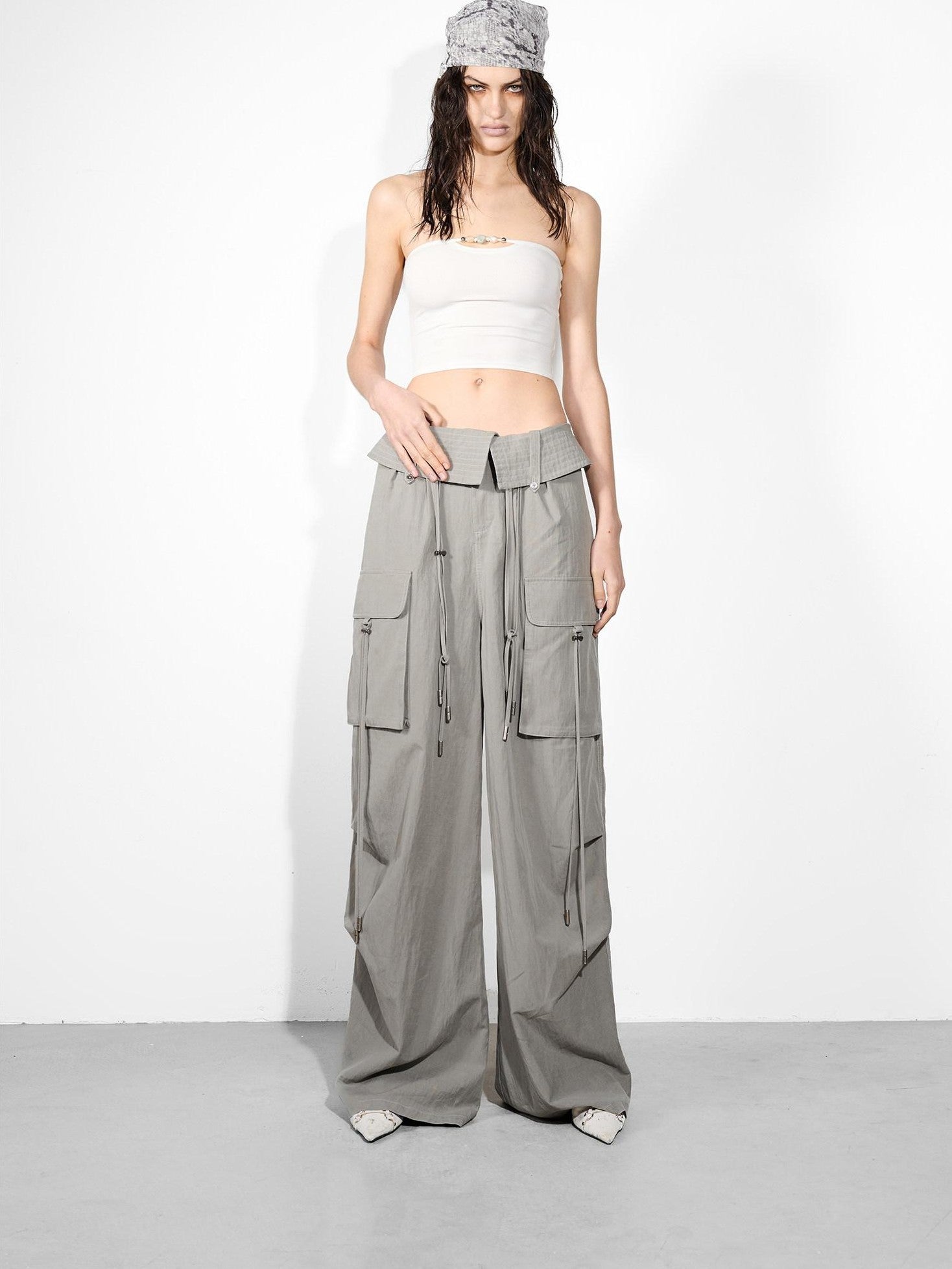 NORTH NODE Wide Leg Turnover Waist Paratrooper Utility Women&
