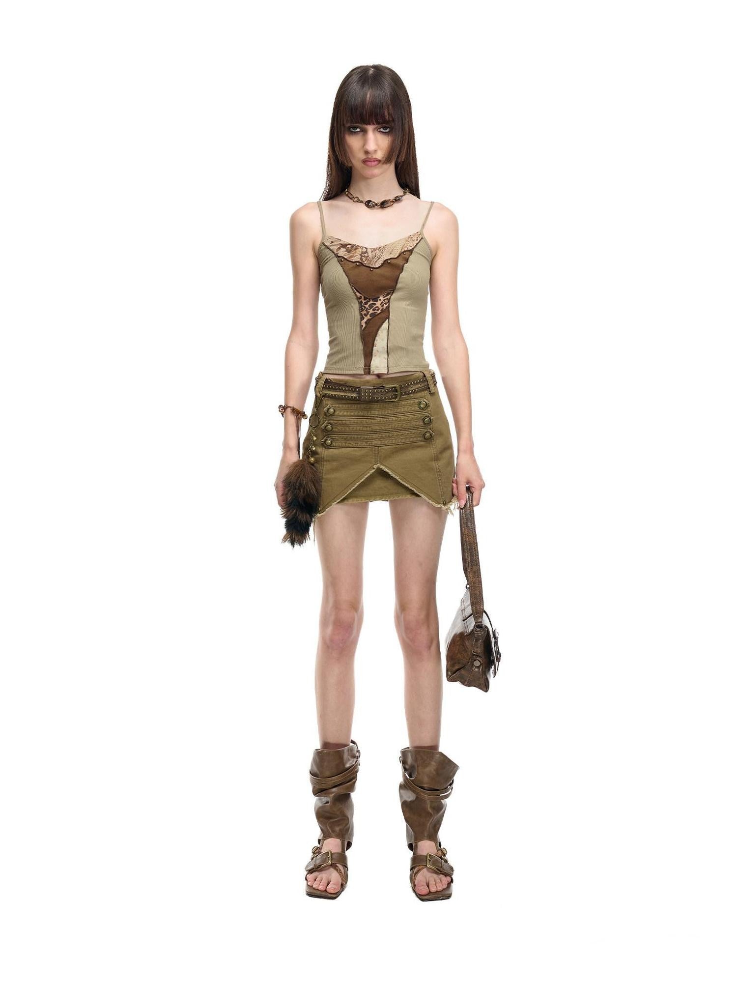 NORTH NODE Wild Spliced Patchwork Print Lettuce Edge Ruffle Trim Women&