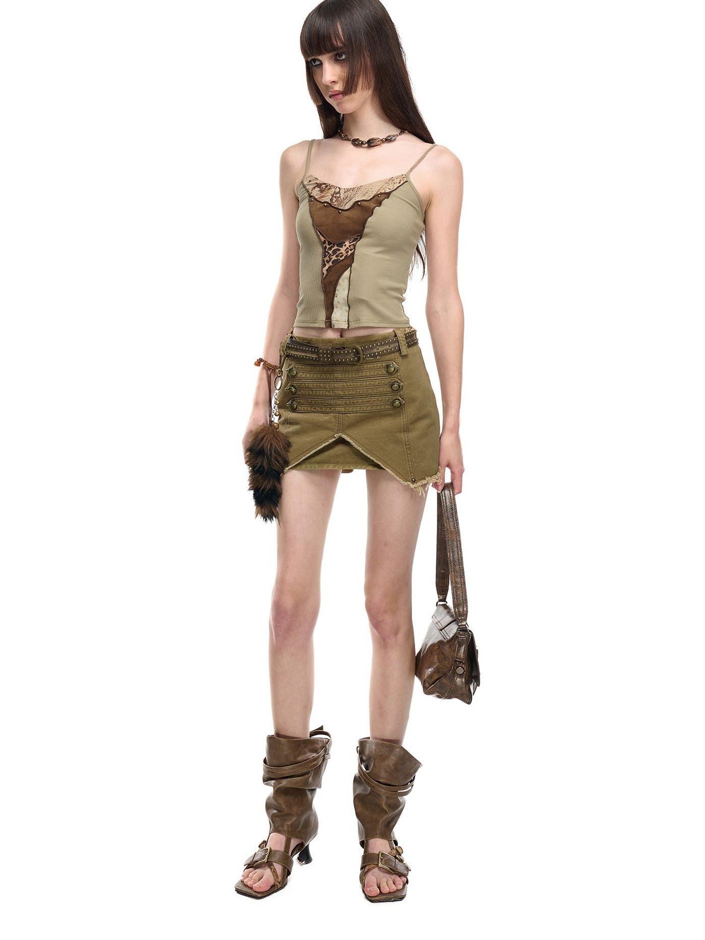 NORTH NODE Wild Spliced Patchwork Print Lettuce Edge Ruffle Trim Women&