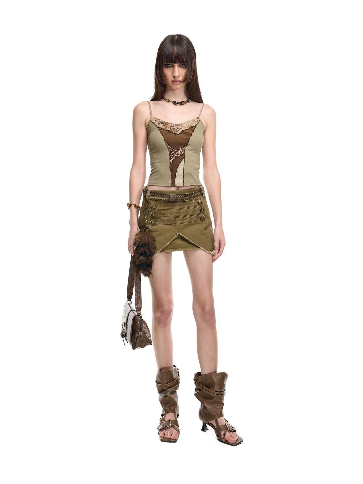 NORTH NODE Wild Spliced Patchwork Print Lettuce Edge Ruffle Trim Women&