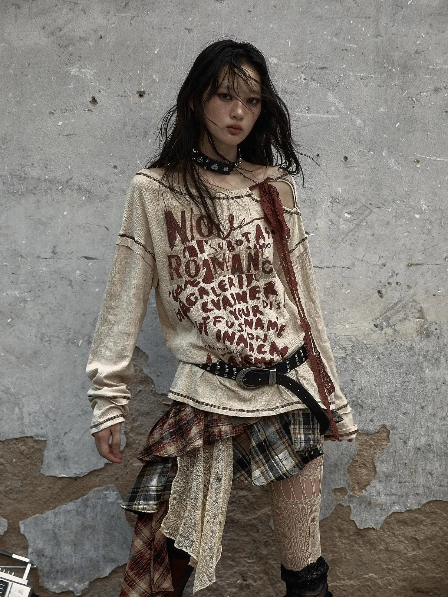 NO ROMANCE Adjustable Neckline Oversized Bow Print Apricot Cotton Women Longsleeve T-Shirt