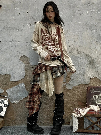 NO ROMANCE Adjustable Neckline Oversized Bow Print Apricot Cotton Women Longsleeve T-Shirt