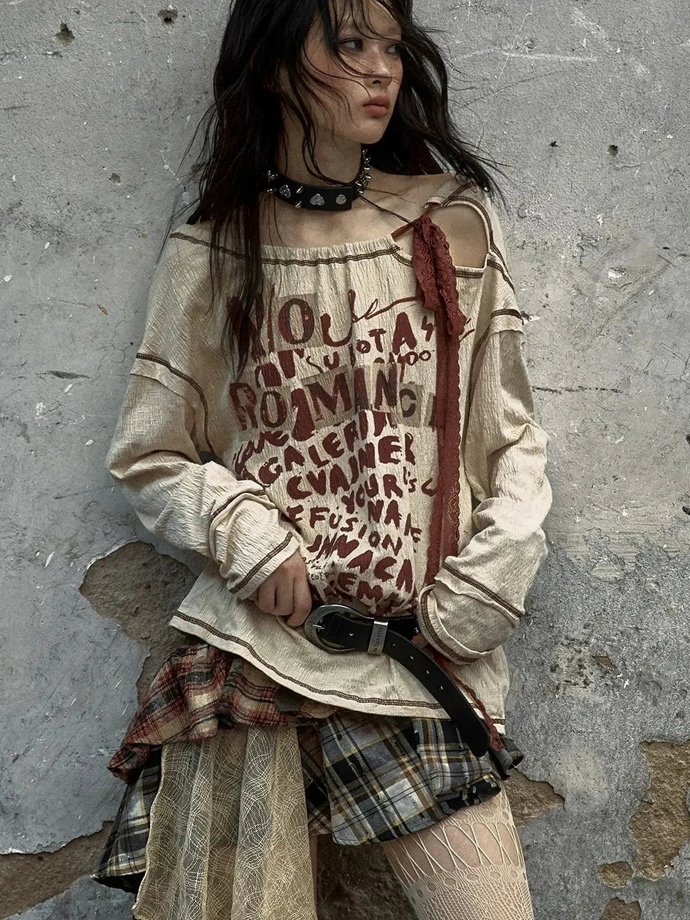 NO ROMANCE Adjustable Neckline Oversized Bow Print Apricot Cotton Women Longsleeve T-Shirt