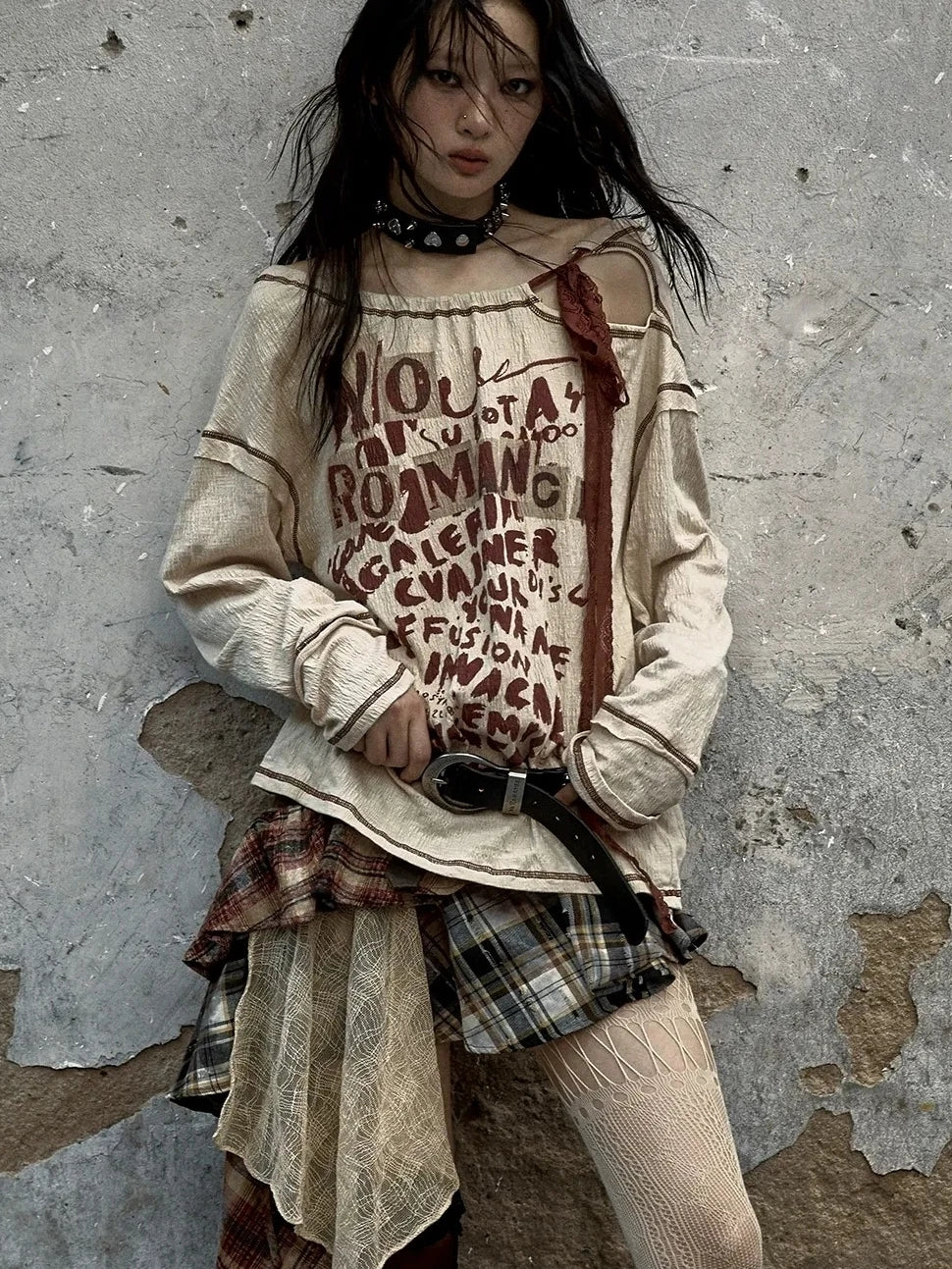 NO ROMANCE Adjustable Neckline Oversized Bow Print Apricot Cotton Women Longsleeve T-Shirt