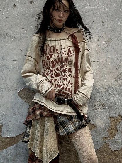 NO ROMANCE Adjustable Neckline Oversized Bow Print Apricot Cotton Women Longsleeve T-Shirt