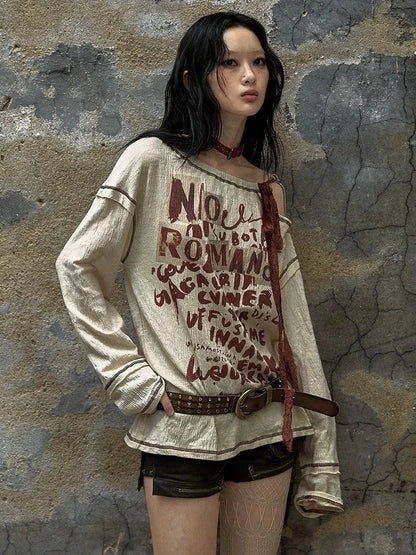 NO ROMANCE Adjustable Neckline Oversized Bow Print Apricot Cotton Women Longsleeve T-Shirt